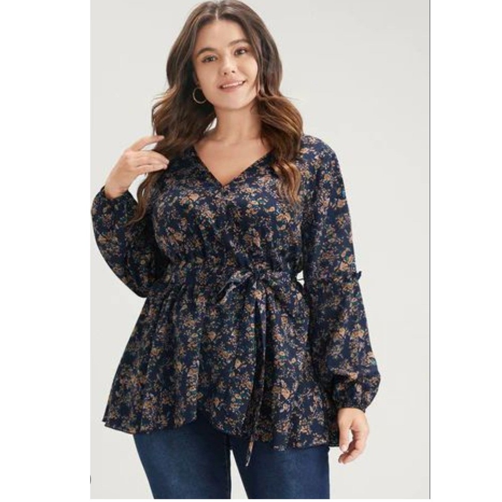 PLUS 18/20 BLOOMCHIC women's long puff sleeve faux wrap blue gold floral blouse